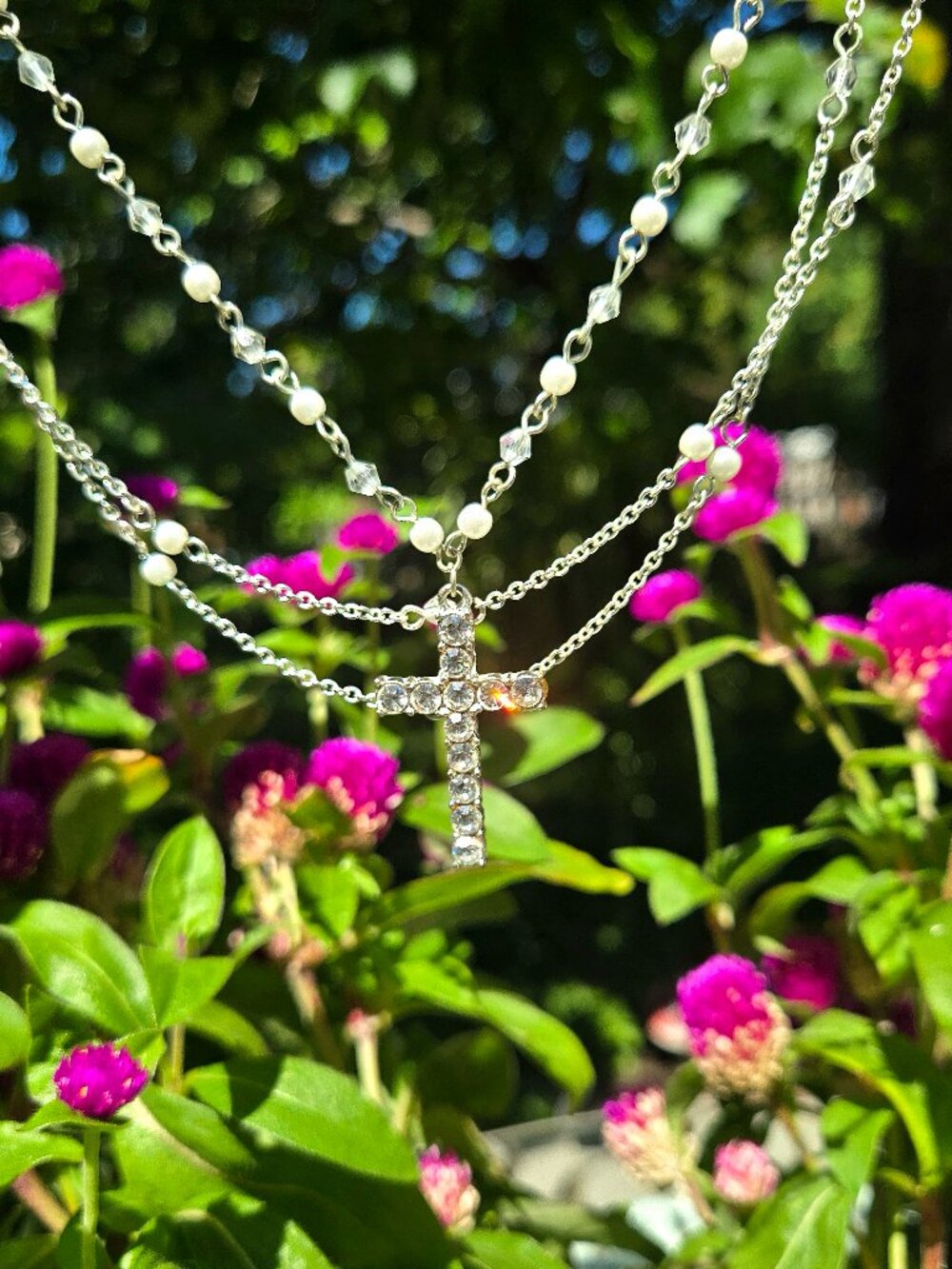 Vintage Y2K Silver Rhinestone Cross Multi Layer Layered 3 Chain Pearl Necklace - Picture 6 of 9